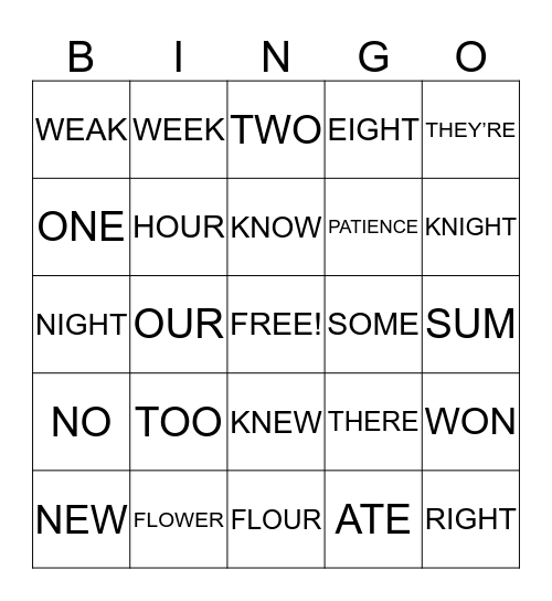 Homophone Bingo Card