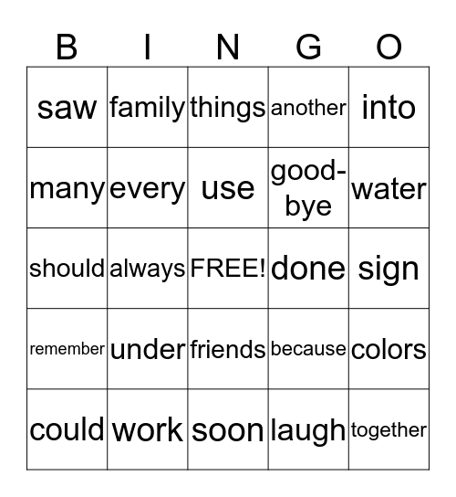 HFW words Bingo Card