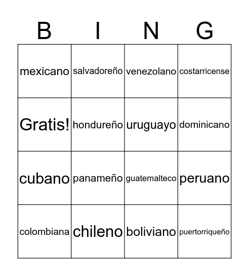 Nationalities Bingo Card