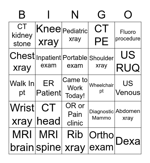 Rad Tech Week Radiology Bingo Card