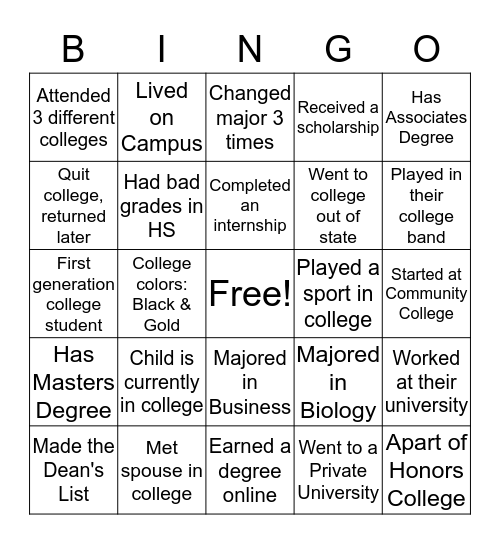 College Month Bingo Competition Bingo Card