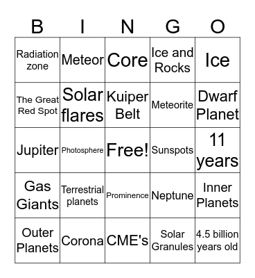 Sun and Planets BINGO Card
