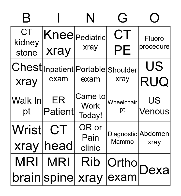 Rad Tech Week Radiology Bingo Card
