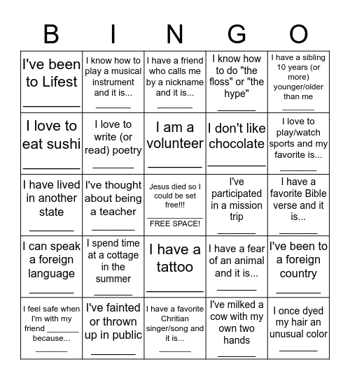 Mother/Daughter Event Bingo Card