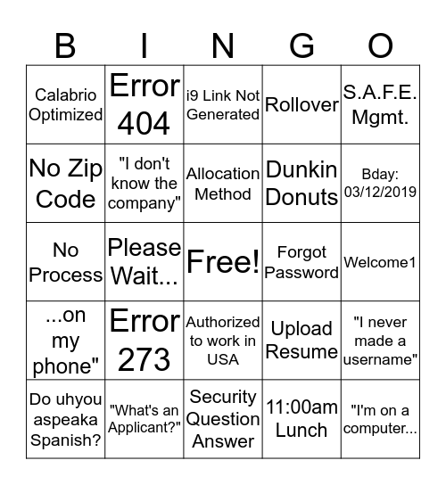 Applicant Support Bingo Card