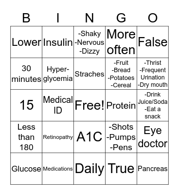 Diabetes Bingo Card