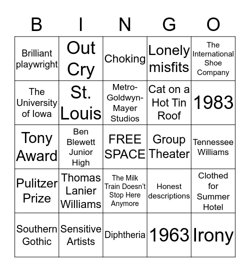 Tennessee Williams Presentation Bingo Card