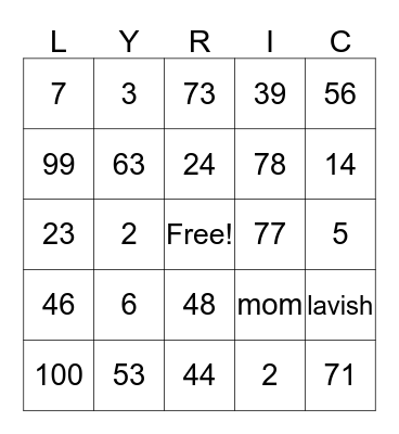 Lyric's Lavish Sweet 16 Bingo Card