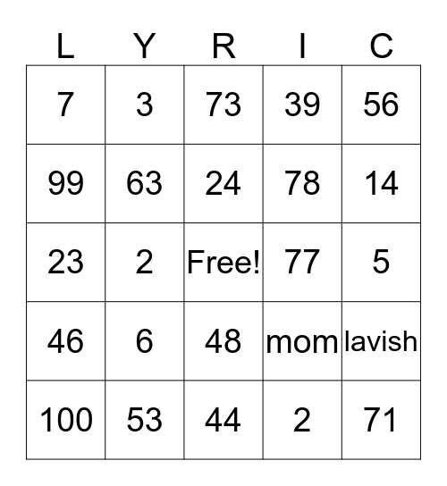 Lyric's Lavish Sweet 16 Bingo Card