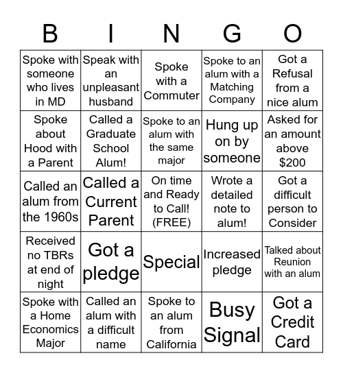 Phonathon Bingo - 4/15 Bingo Card