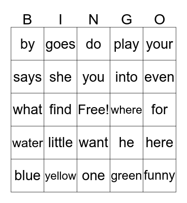 Sight Word Bingo Card