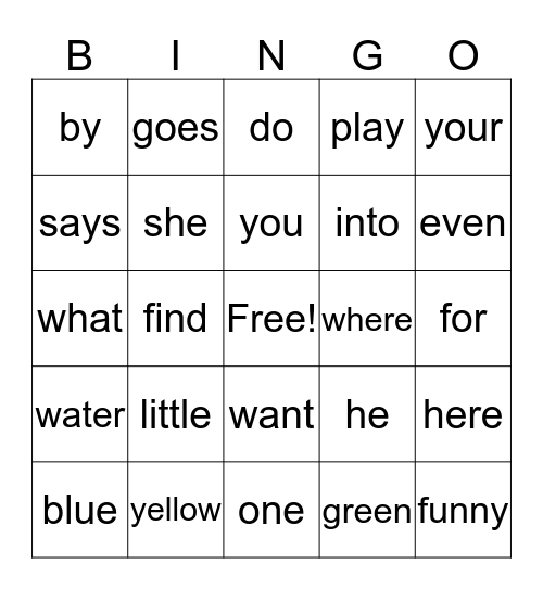 Sight Word Bingo Card