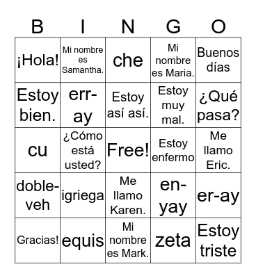 Spanish Greetings/Expressions Bingo Card