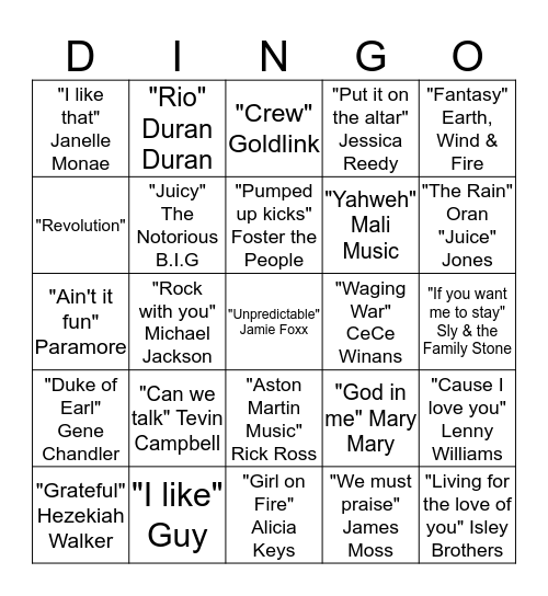 Deja's Playlist Favorites Bingo Card