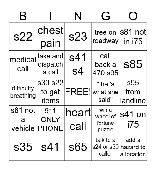 911 dispatcher Bingo Card