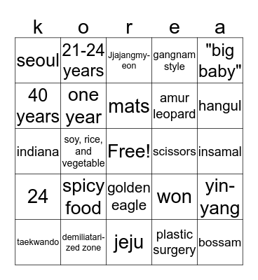 korean bingo Card
