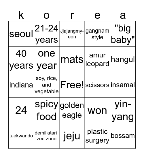 korean bingo Card