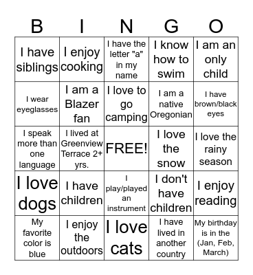 Get to know your neighbor Bingo Card