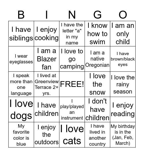Get to know your neighbor Bingo Card