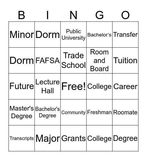 College Bingo Card