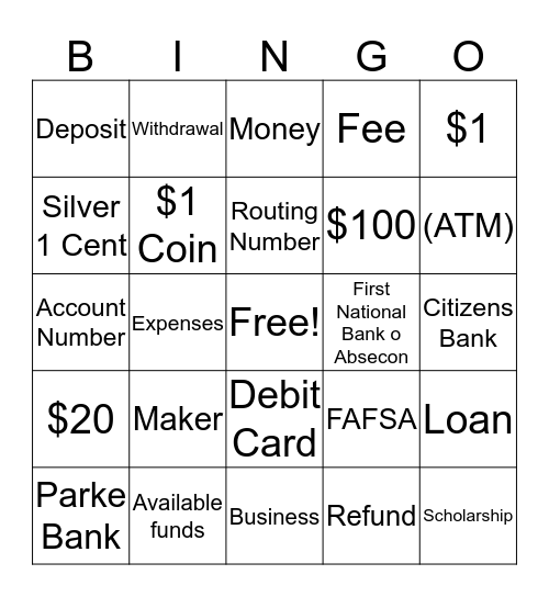 Family Financial Bingo Adult Bingo Card