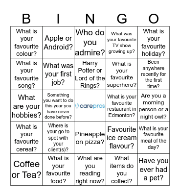 CarePros BINGO: Find a different person to sign their name in each box. Bingo Card