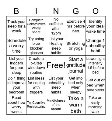 Healthy Sleep Bingo Card