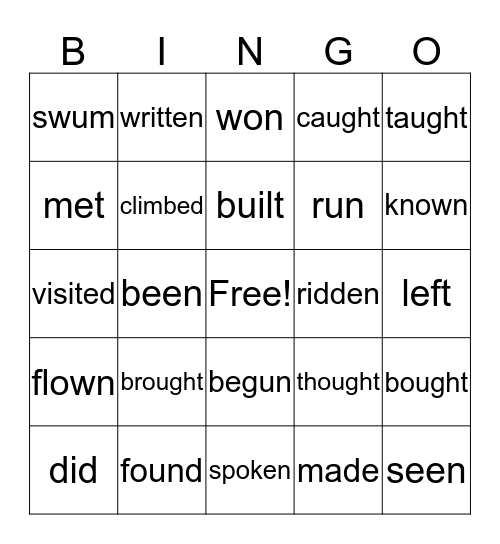 Past participle Bingo Card