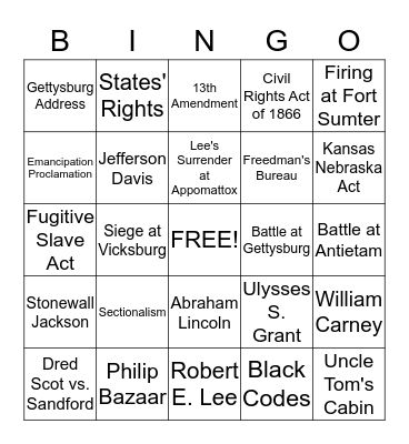 Civil War/Reconstruction Bingo Card