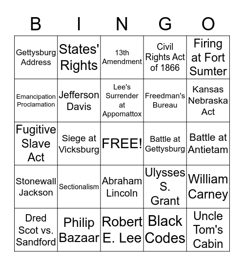 Civil War/Reconstruction Bingo Card