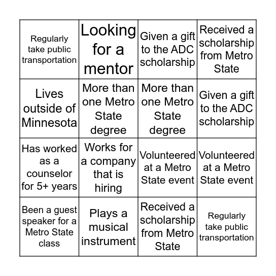 ADC Back To School Night Bingo Card