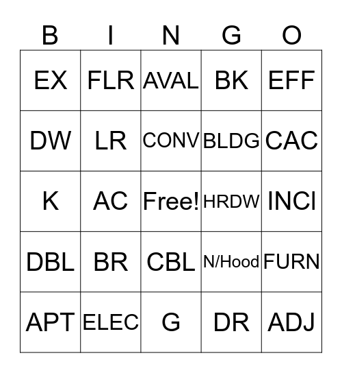 Housing Abbreviations Bingo Card