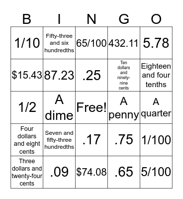 Place Value with Decimals Bingo Card