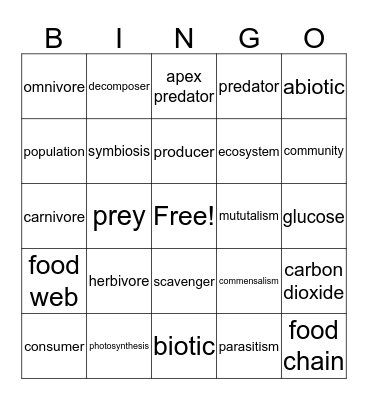 Ecosystem Bingo Card