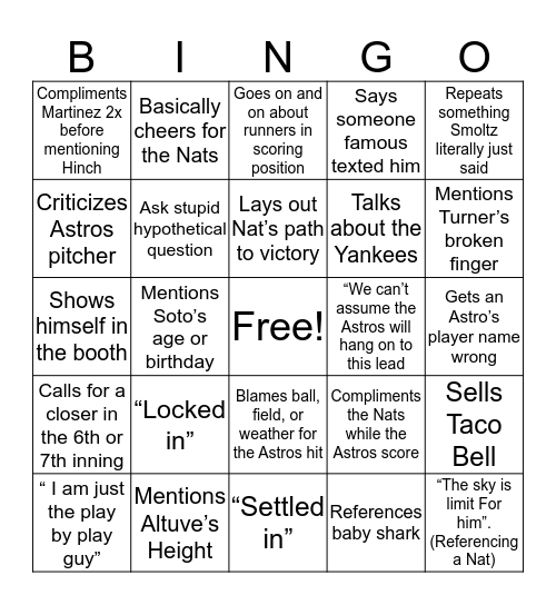 Joe Buck Bingo Card
