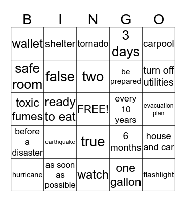 Disaster Preparedness Bingo Card