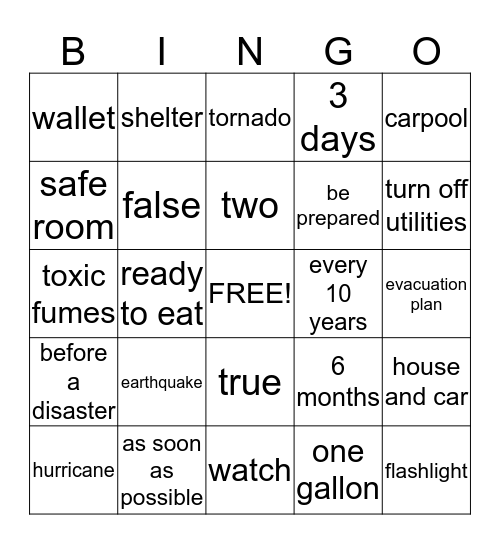 Disaster Preparedness Bingo Card