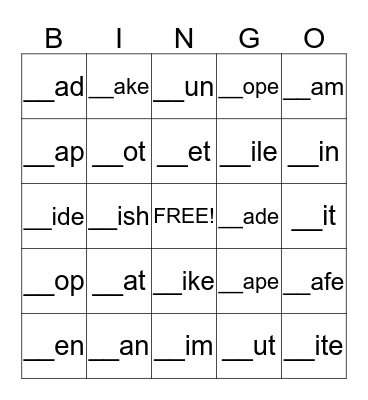 WORD PARTS:) Bingo Card