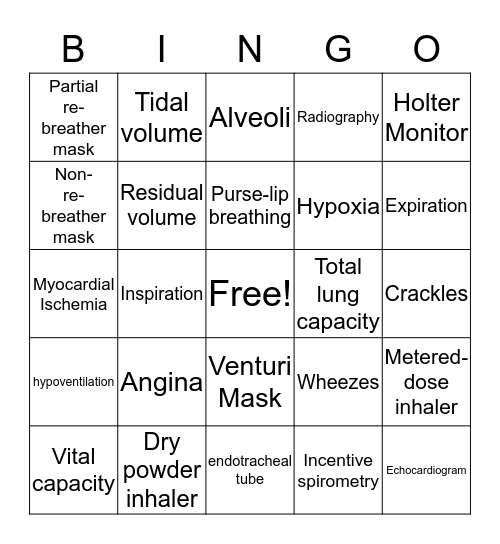 Oxygenation Bingo Card