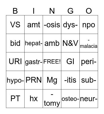 Medical Terminology Bingo Card