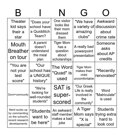 College Visit Being Bingo Card