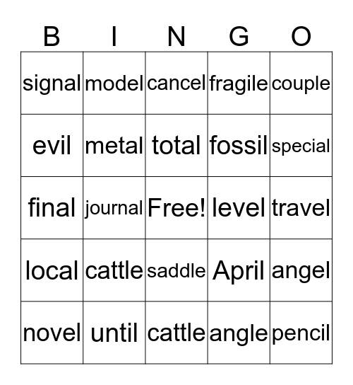 Alan's Word Sort 30 Bingo Card