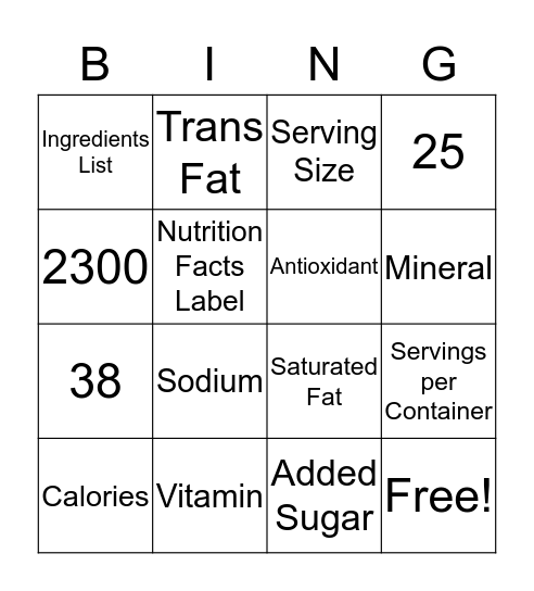 Food Label Bingo Card