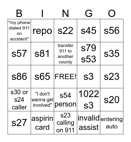 911 dispatcher Bingo Card