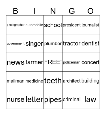 Profession Bingo Card