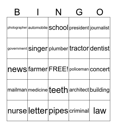 Profession Bingo Card