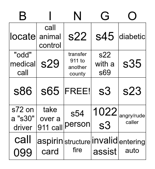 911 dispatcher Bingo Card