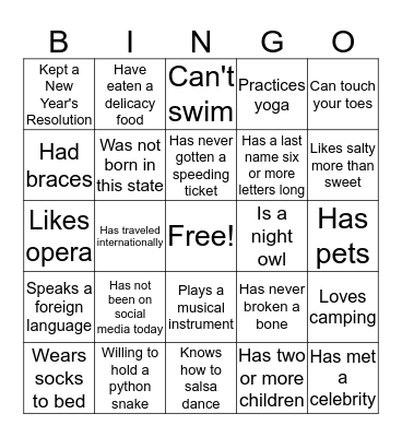 Get to Know You Bingo Card