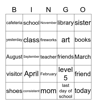 School Bingo Card