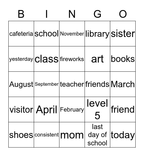 School Bingo Card